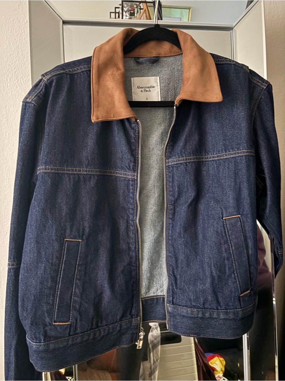 Abercrombie & Fitch Dark Denim Jacket with Tan Suede Collar